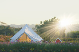 Glamping tent at sunset