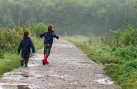Two kids running through puddles