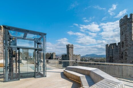An image of the newly designed accessible visitors centre and viewing platform at Caernarfon Castle, Wales