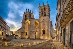 Cathedral of Saint Peter at dusk in Montpellier