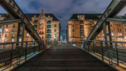 Former warehouses of Hamburg at night, dramatically lit