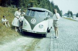Driving break on autobahn, VW Campervan in 1959