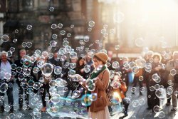 Asian woman surrounded by bubbles in street