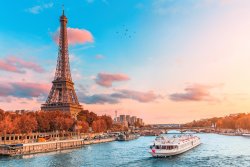 Seine River flowing through Paris, past the iconic Eiffel Tower