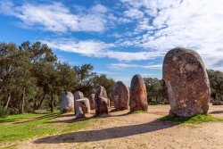 View of the megalithic complex Almendres Cromlech (Cromelelique dos Almendres) Evora, Alentejo Region, Portugal