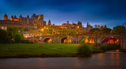 Night view over illuminated fortification of Carcassonne