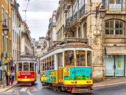 Colourful trams in historic Lisbon