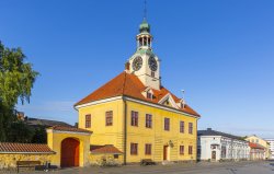 Town hall and well-preserved houses in the wooden city centre of the town of Rauma