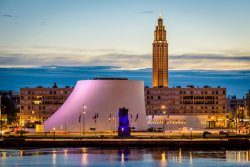 Volcan theater and St. Joseph's Church at nightfall in Le Havre