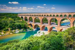 Pont du Gard, France. Ancient three-tiered aqueduct, built in Roman Empire times on the river Gardon