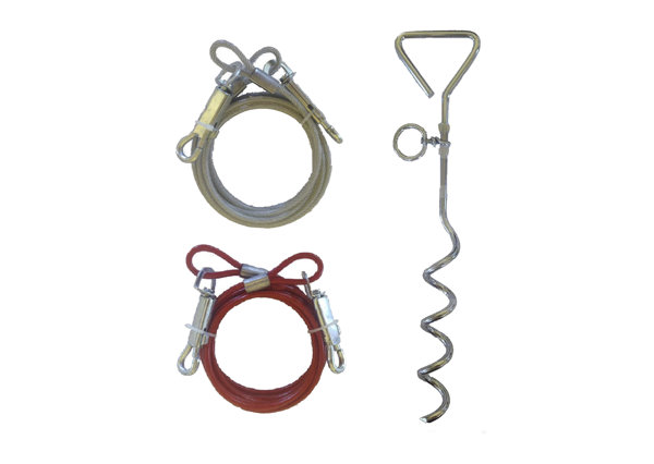 Set of 2 x 6ft (1.8m) Dog Tie Out Cables with 1 x 16" Metal Spiral Ground Stake Spike (Red & Silver)