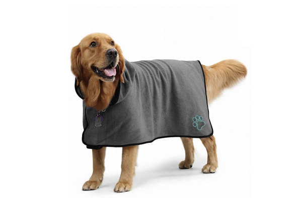 Aoweika Dog Bathrobe Towel with Adjustable Strap, Moisture Absorbing Bath Robe, Microfibre Fast Drying Super Absorbent Pet Bath Towel, Quick Drying Towel with Strap Hood (Grey, L)