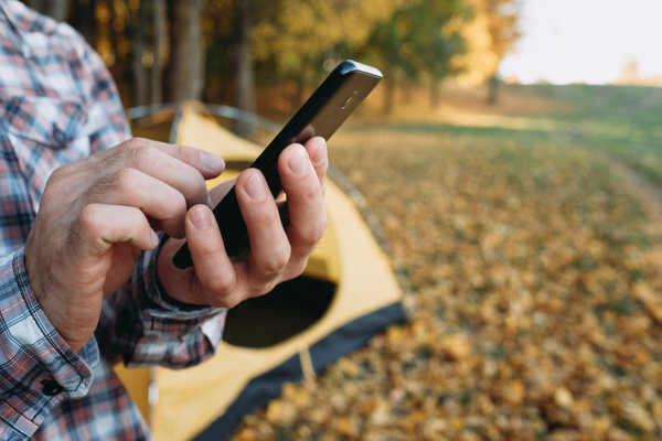 Man using smartphone in fall forest